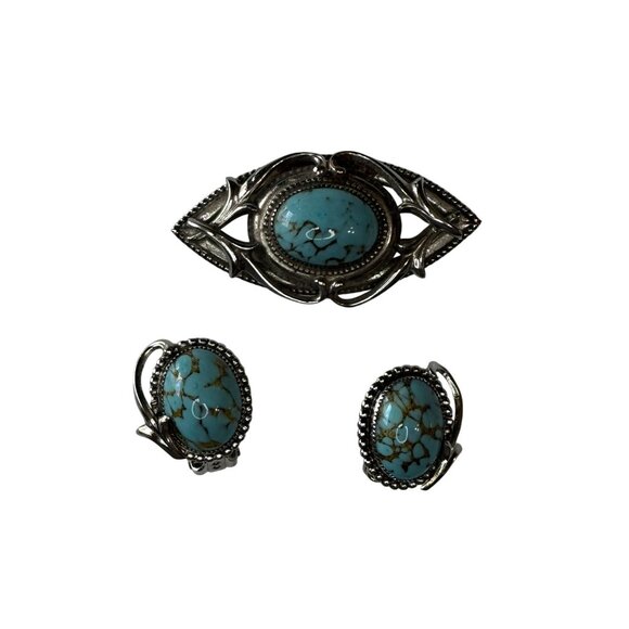 Whiting & Davis Brooch & Earrings Set Faux Turquoise Glass Cabochon Silver-Tone - Picture 3 of 7